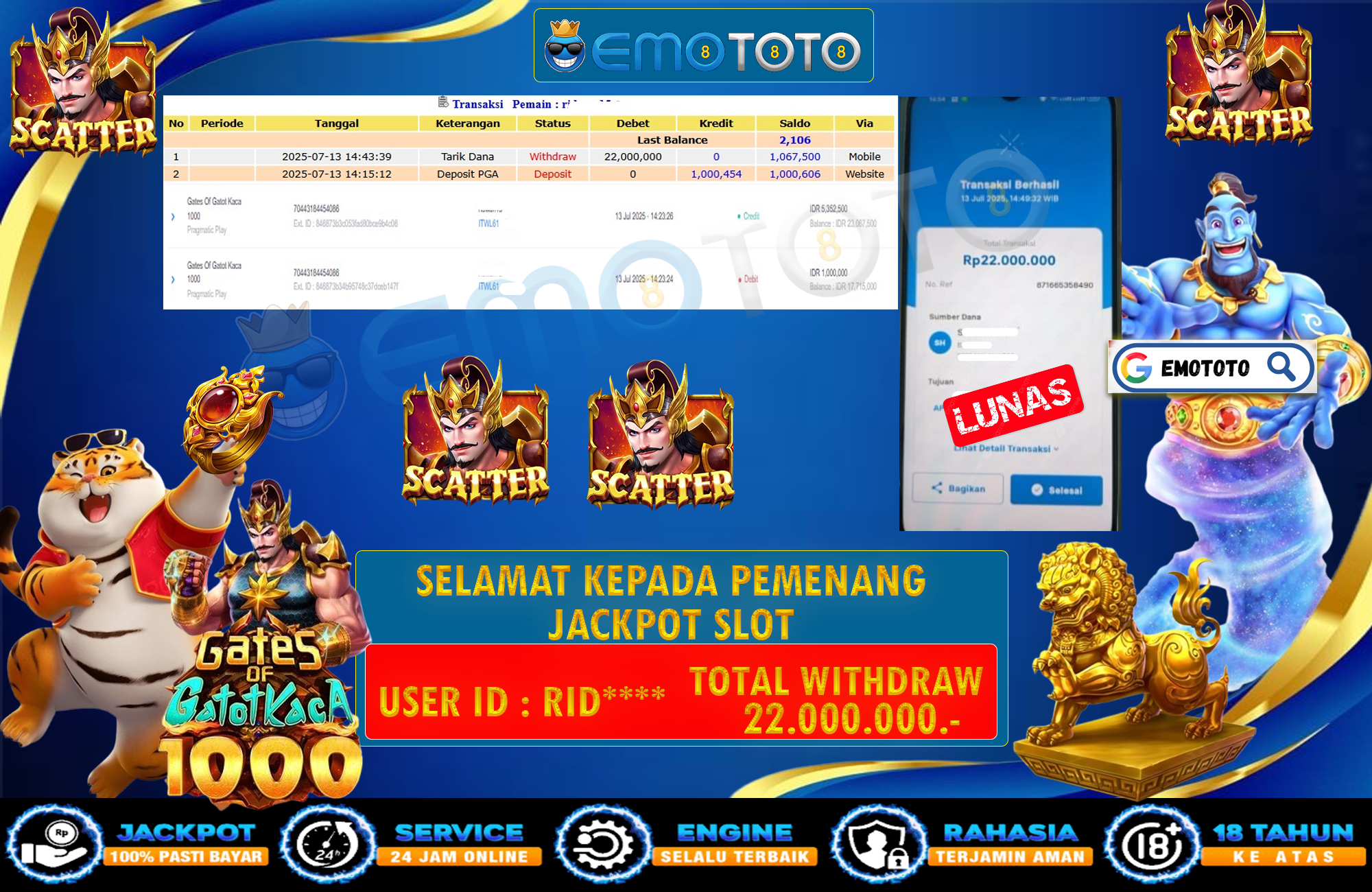 EMOTOTO : BUKTI JACKPOT MEMBER PERMAINAN SLOT PRAGMATIC PLAY (GATES OF GATOT KACA 1000) RP 22.000.000 DI BAYAR LUNAS LANGSUNG KE REKENING MEMBER